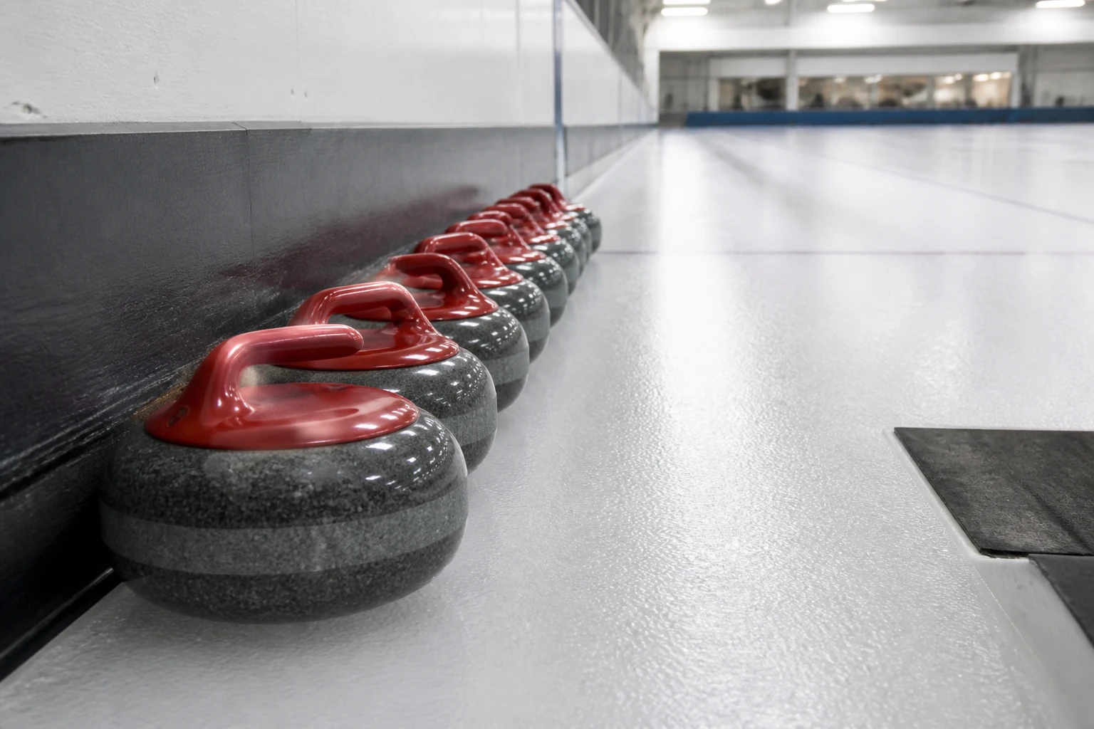 Rad av curlingstenar uppställda längs sargen vid hacken