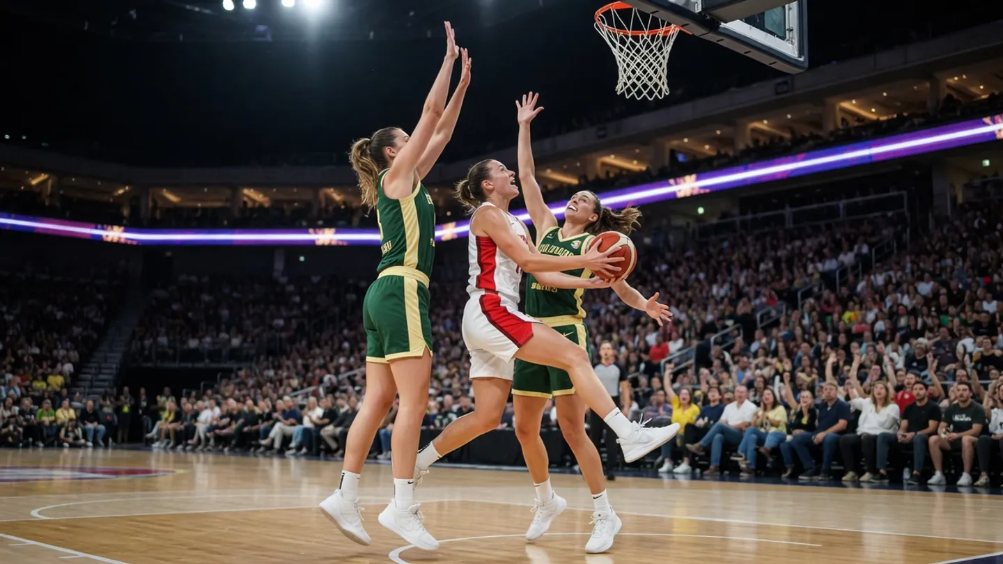Damlandslag i basket som spelar en VM-match i en stor arena i Berlin.