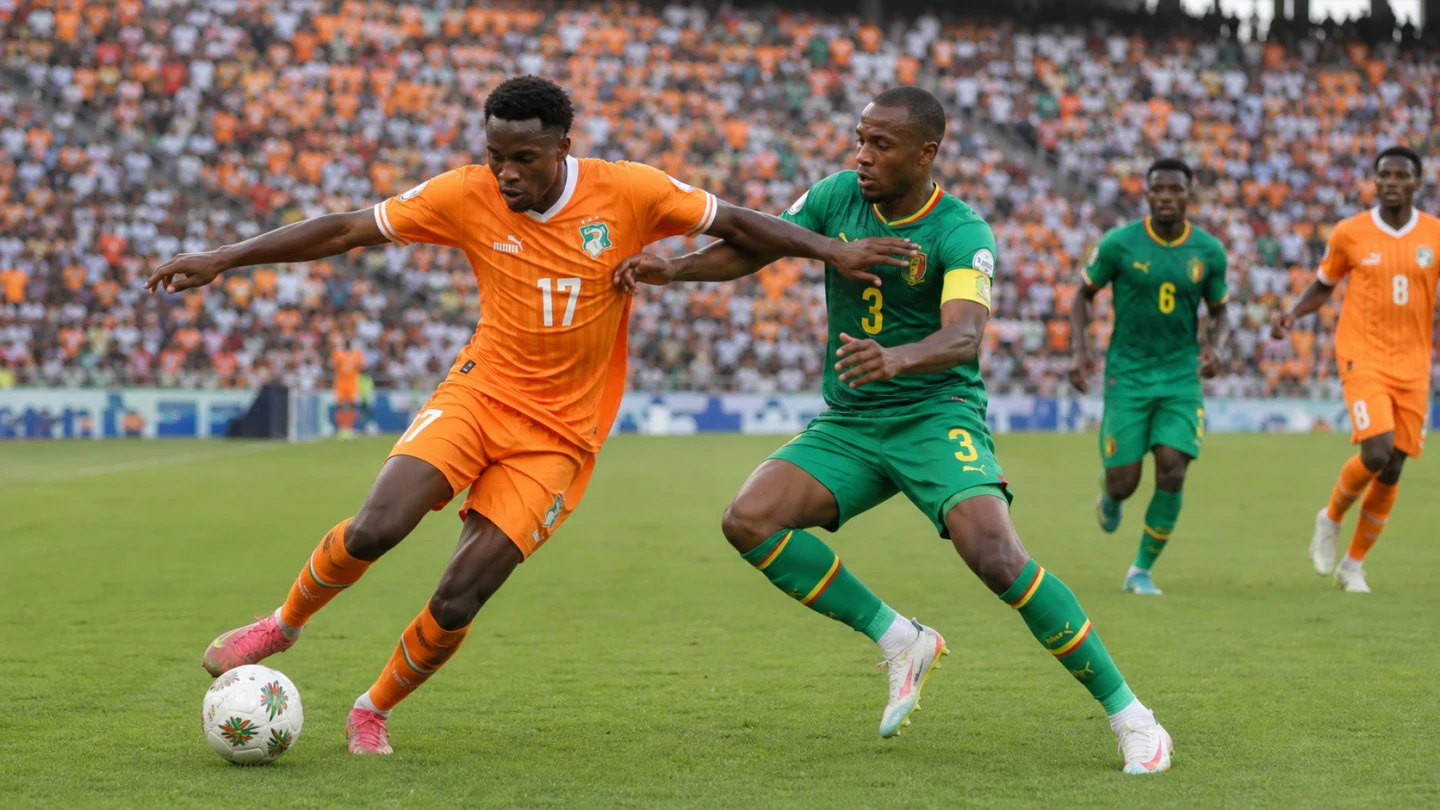 Afrikansk fotbollsarena i kvällsljus med spelare och färgstarka läktare.