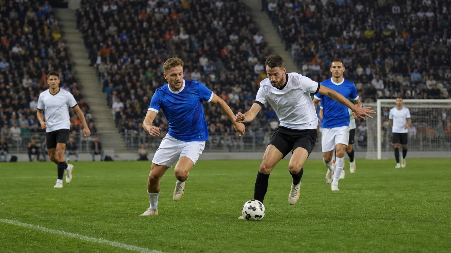 Två internationella klubblag spelar en realistisk kvällsmatch på en stor fotbollsarena, dokumentär sportfoto.