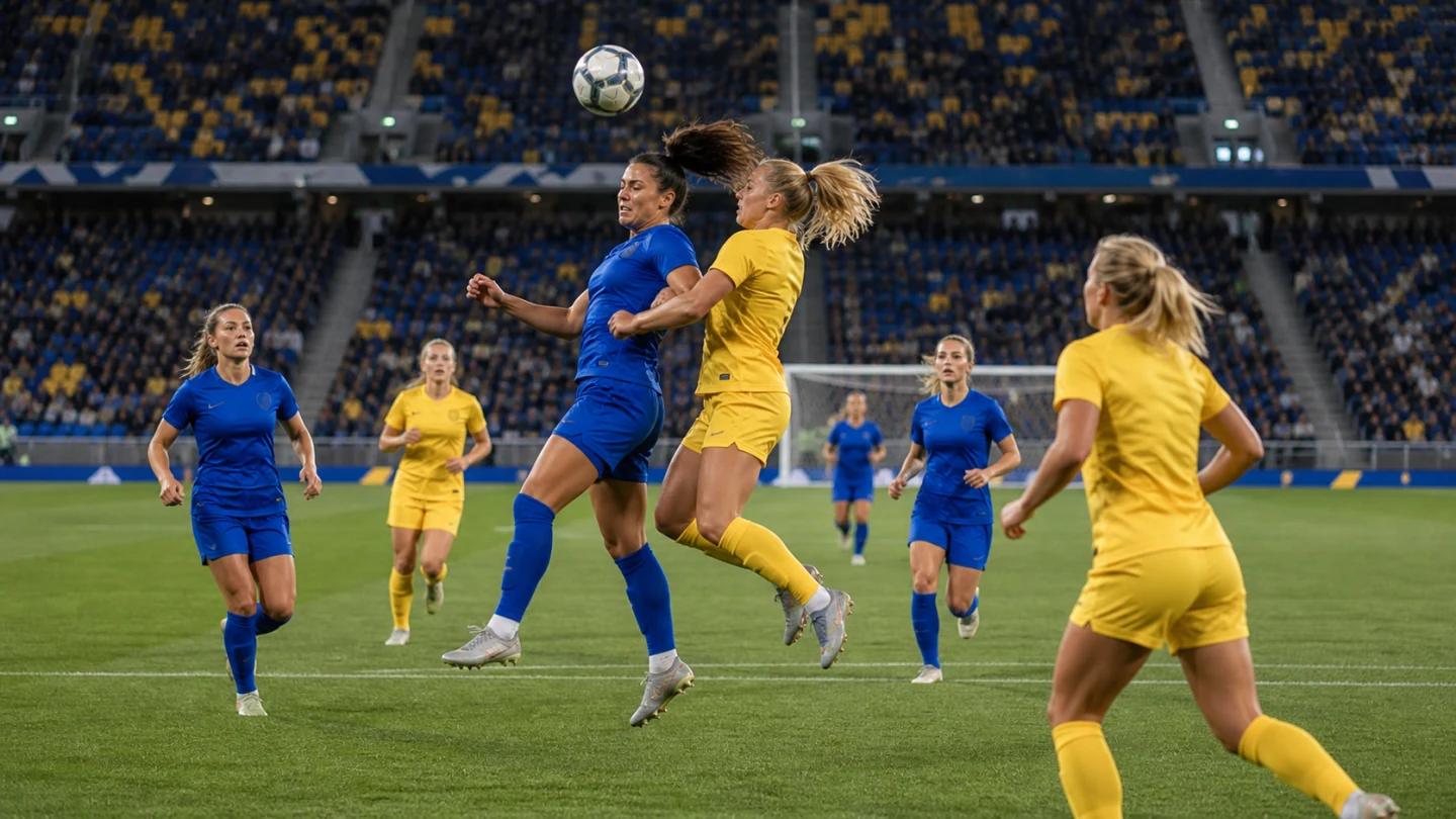 Europeiska damlandslag i en landskamp med diskreta blå arenadetaljer.