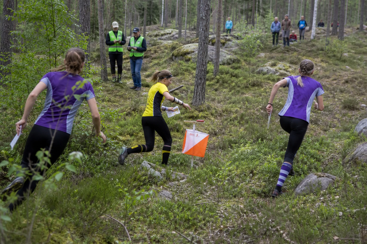 Orienterare med karta vid en kontroll i baltisk skog under EM.