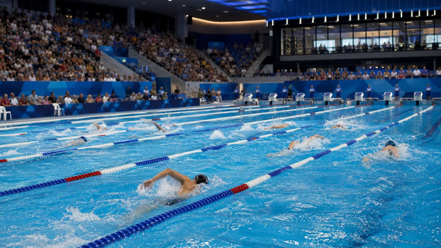 Elitsimmare tävlar i en fullsatt modern 50-metersarena under ett europeiskt mästerskap.