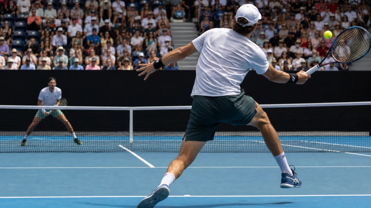 Blå tennisbana i en stor arena i Melbourne under kvällsljus utan synliga logotyper.