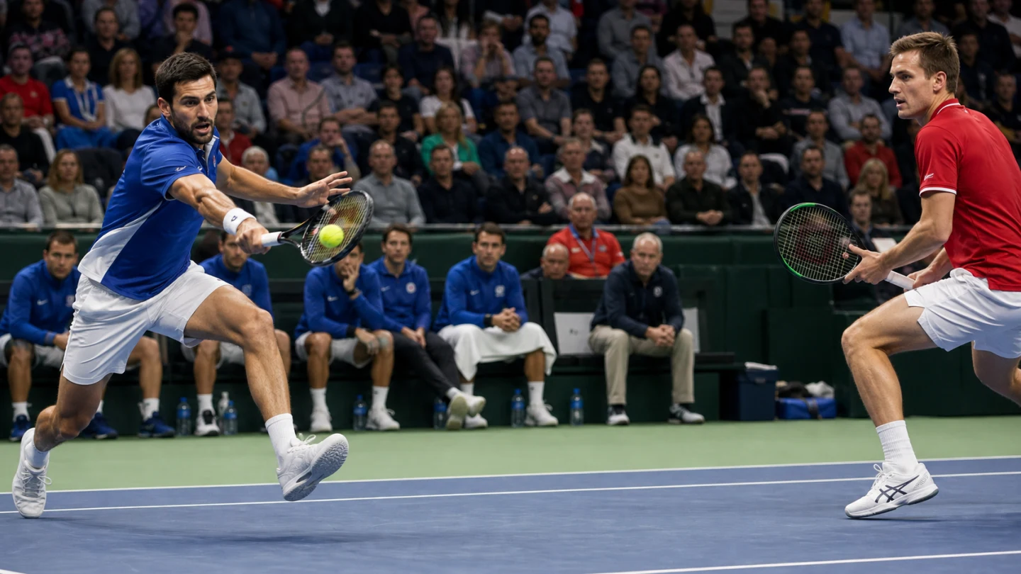 Tennisbana inför en landskamp i Davis Cup.