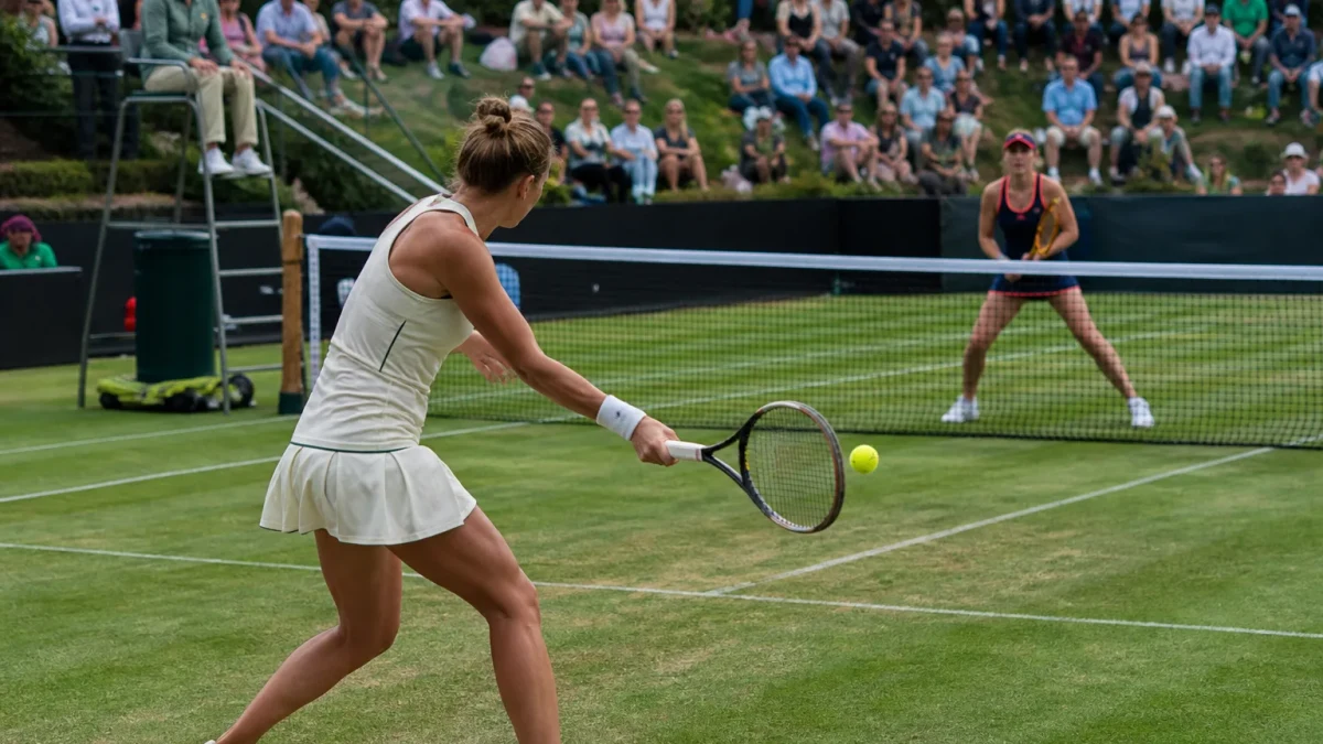 Två anonyma damspelare i en tennismatch på gräs.