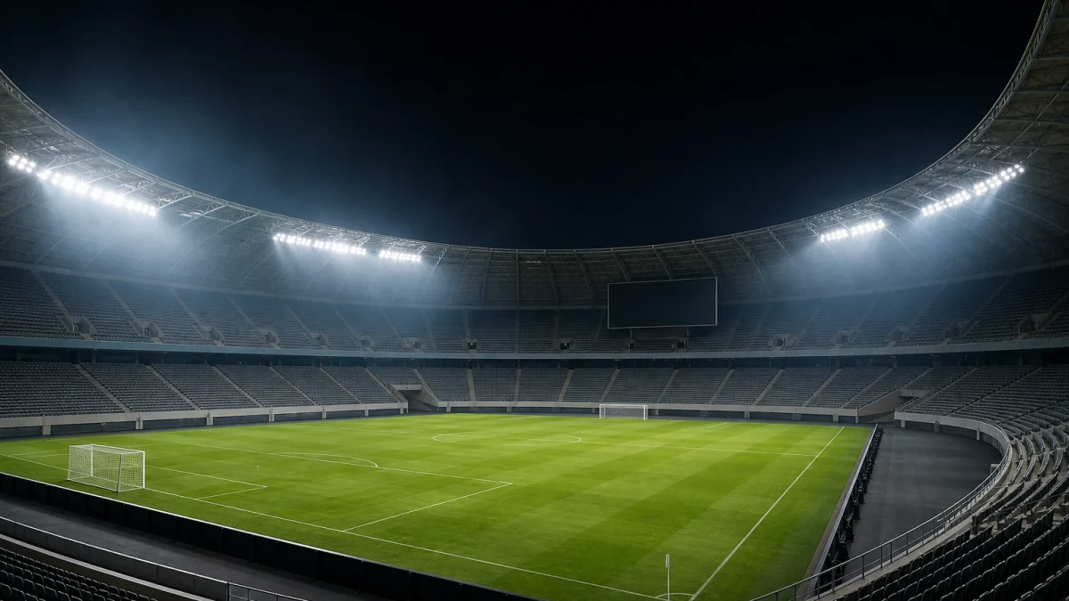 Tom upplyst fotbollsarena efter en slutspelsmatch.
