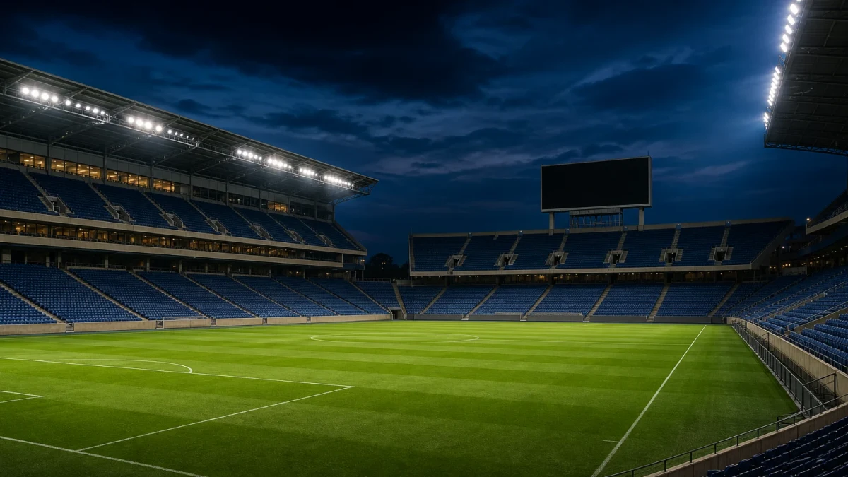Tom upplyst fotbollsarena efter en VM-kvartsfinal.