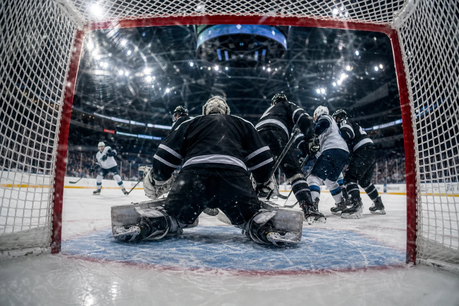Ishockeymatch sedd från målet under Hockey-VM 2027