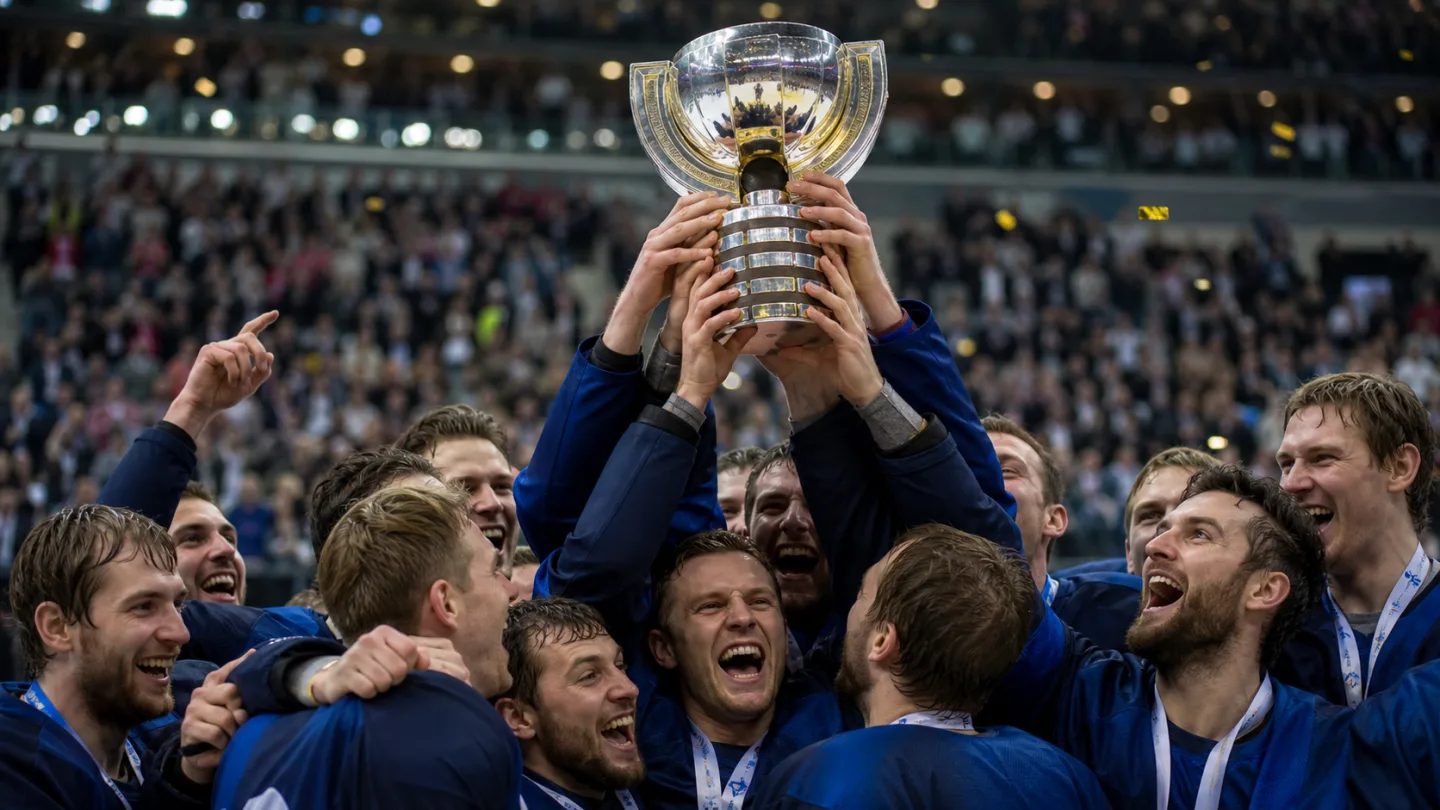 Ishockeylandslag firar VM-guld under en medaljceremoni.