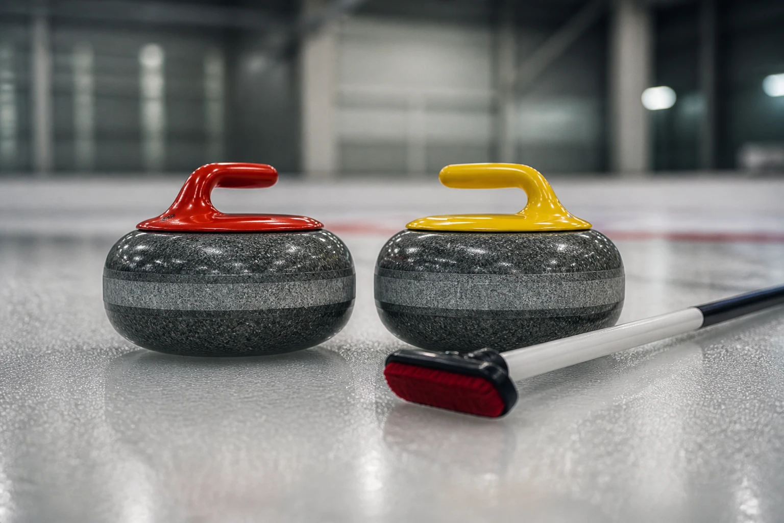 Curlingstenar och borste på preparerad is