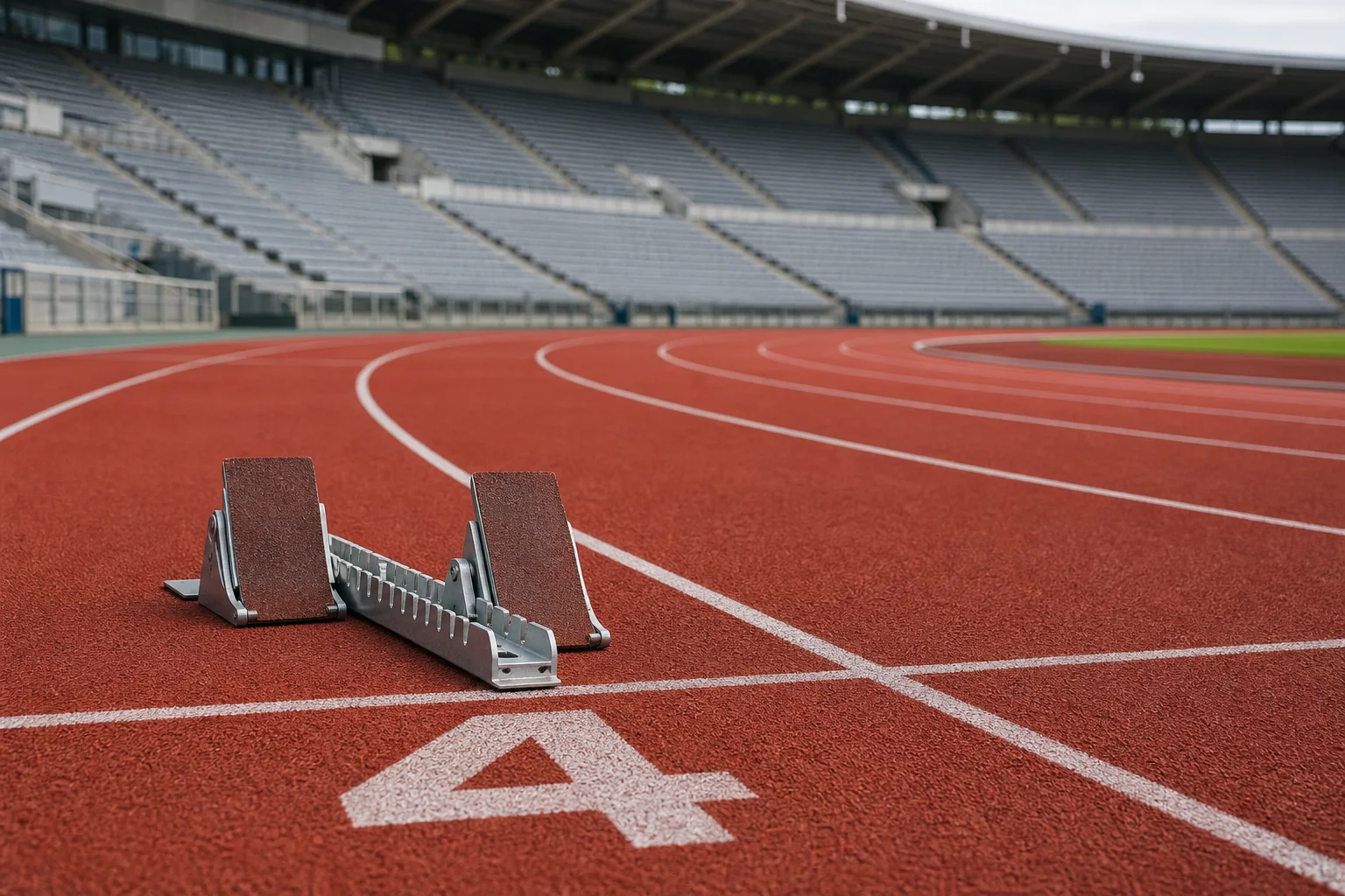 Startblock på en löparbana i en friidrottsarena.