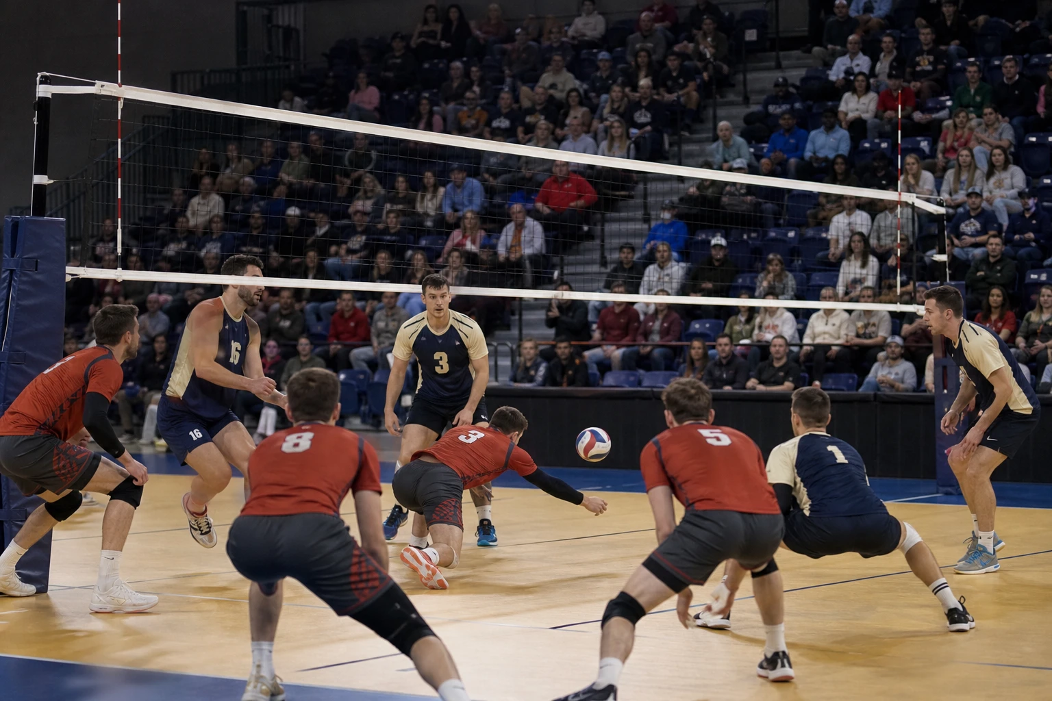 Volleybollspelare som hoppar vid nätet i en fullsatt inomhusarena.